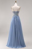 Blue Corset Appliqued Satin A Line Prom Dress with Slit