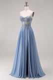 Blue Corset Appliqued Satin A Line Prom Dress with Slit