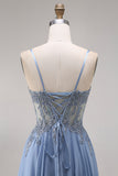 Blue Corset Appliqued Satin A Line Prom Dress with Slit