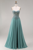 Strapless Eucalyptus Corset Appliqued Beaded A Line Prom Dress