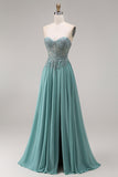 Strapless Eucalyptus Corset Appliqued Beaded A Line Prom Dress