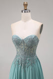 Strapless Eucalyptus Corset Appliqued Beaded A Line Prom Dress