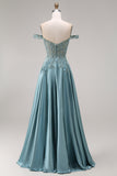 Off the Shoulder Corset Beaded A Line Agave Prom Dress