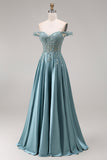Off the Shoulder Corset Beaded A Line Agave Prom Dress