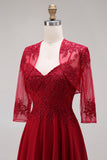 2 Piece Burgundy A Line Appliqued Beaded Mother of the Bride Dress