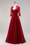 2 Piece Burgundy A Line Appliqued Beaded Mother of the Bride Dress