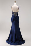Navy Mermaid Satin Corset Ruched Prom Dress