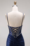 Navy Mermaid Satin Corset Ruched Prom Dress