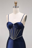 Navy Mermaid Satin Corset Ruched Prom Dress