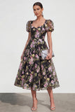 A Line Black Floral Short Sleeve Midi Wedding Guest Dress
