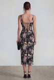 Floral Black Bodycon Midi Wedding Guest Dress