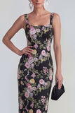 Floral Black Bodycon Midi Wedding Guest Dress