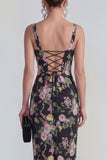 Floral Black Bodycon Midi Wedding Guest Dress