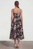 Floral Black A Line Midi Wedding Guest Dress