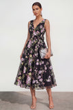 Black Floral A Line V Neck Wedding Guest Dress with Bow