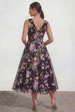 Black Floral A Line V Neck Wedding Guest Dress with Bow