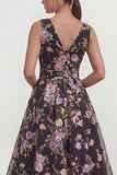 Black Floral A Line V Neck Wedding Guest Dress with Bow