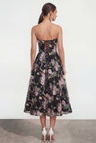 Strapless A Line Black Floral Wedding Guest Dress with Pockets
