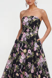 Strapless A Line Black Floral Wedding Guest Dress with Pockets