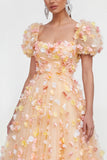 Floral Champagne A Line Short Sleeve Wedding Guest Dress