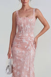 Floral Pink Ruched Mermaid Corset Wedding Guest Dress