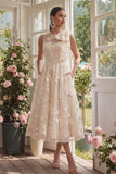 Floral Apricot A Line Bowed Midi Wedding Guest Dress