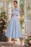 Floral Apricot A Line Bowed Midi Wedding Guest Dress