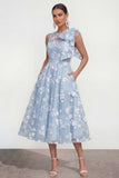 Floral Apricot A Line Bowed Midi Wedding Guest Dress