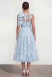 Floral Apricot A Line Bowed Midi Wedding Guest Dress