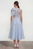 Floral Apricot A Line Bowed Midi Wedding Guest Dress