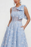 Floral Apricot A Line Bowed Midi Wedding Guest Dress