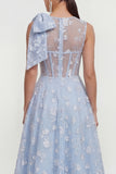 Floral Apricot A Line Bowed Midi Wedding Guest Dress