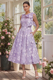 Floral Apricot A Line Bowed Midi Wedding Guest Dress