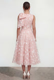 Floral Apricot A Line Bowed Midi Wedding Guest Dress