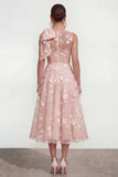 Floral Apricot A Line Bowed Midi Wedding Guest Dress