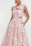Floral Apricot A Line Bowed Midi Wedding Guest Dress