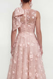 Floral Apricot A Line Bowed Midi Wedding Guest Dress