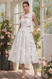 Floral Apricot A Line Bowed Midi Wedding Guest Dress