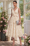 Blue Floral A Line Midi Wedding Guest Dress with Bow