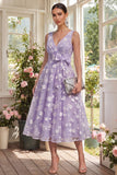 Blue Floral A Line Midi Wedding Guest Dress with Bow