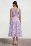 Blue Floral A Line Midi Wedding Guest Dress with Bow