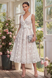 Blue Floral A Line Midi Wedding Guest Dress with Bow