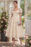Floral Pink Puff Sleeve A Line Corset Wedding Guest Dress