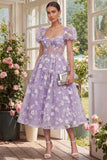 Floral Pink Puff Sleeve A Line Corset Wedding Guest Dress