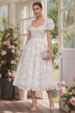 Floral Pink Puff Sleeve A Line Corset Wedding Guest Dress