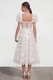 Floral Pink Puff Sleeve A Line Corset Wedding Guest Dress
