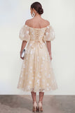 Off the Shoulder Floral Lilac Ruched A Line Wedding Guest Dress