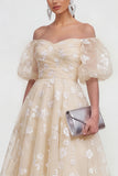 Off the Shoulder Floral Lilac Ruched A Line Wedding Guest Dress