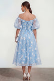 Off the Shoulder Floral Lilac Ruched A Line Wedding Guest Dress