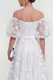 Off the Shoulder Floral Lilac Ruched A Line Wedding Guest Dress